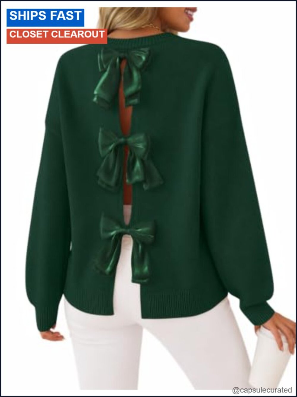 Oversized Bow Back Cutout Pullover Sweater Ribbed Cuffs Crew Neck